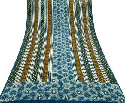 Indian Vintage Sari Ivory & Gray Pure Crepe Silk Hand Embroidered Saree 5yd Sewing Floral Craft Sequins Dress making Crafting Quilting
