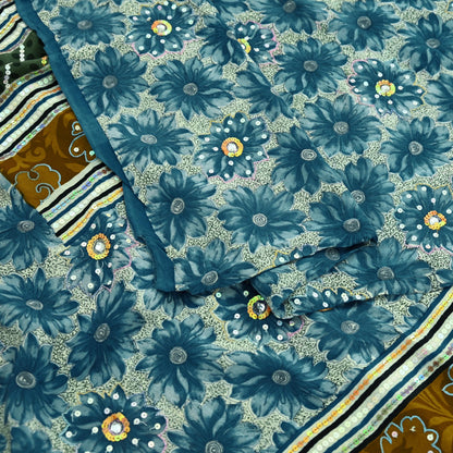 Indian Vintage Sari Ivory & Gray Pure Crepe Silk Hand Embroidered Saree 5yd Sewing Floral Craft Sequins Dress making Crafting Quilting