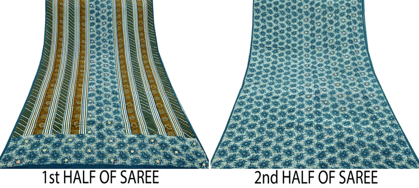 Indian Vintage Sari Ivory & Gray Pure Crepe Silk Hand Embroidered Saree 5yd Sewing Floral Craft Sequins Dress making Crafting Quilting