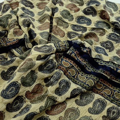 Indian Vintage Sari Beige Pure Crepe Silk Printed Sarees 5yd Sewing Paisley Soft Craft Fabric Wrap Dress making Crafting Quilting Used