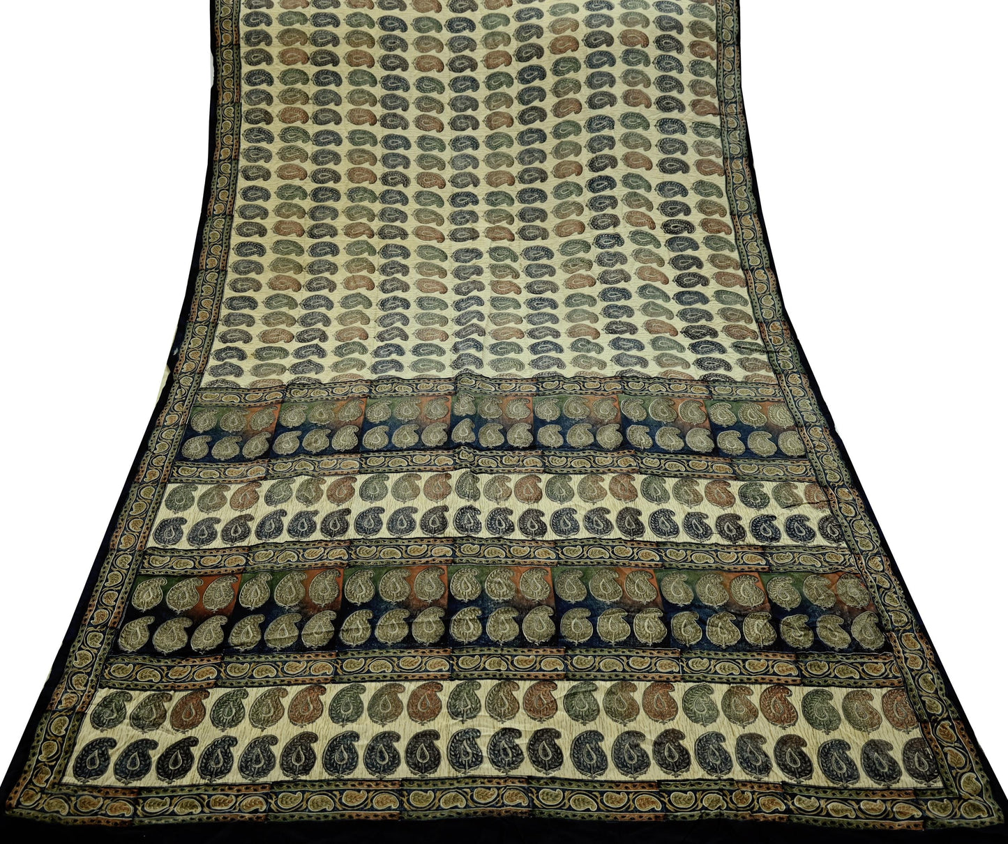 Indian Vintage Sari Beige Pure Crepe Silk Printed Sarees 5yd Sewing Paisley Soft Craft Fabric Wrap Dress making Crafting Quilting Used