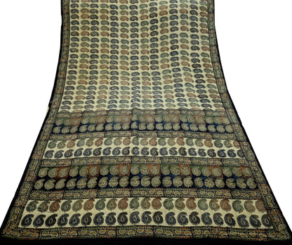 Indian Vintage Sari Beige Pure Crepe Silk Printed Sarees 5yd Sewing Paisley Soft Craft Fabric Wrap Dress making Crafting Quilting Used