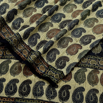 Indian Vintage Sari Beige Pure Crepe Silk Printed Sarees 5yd Sewing Paisley Soft Craft Fabric Wrap Dress making Crafting Quilting Used