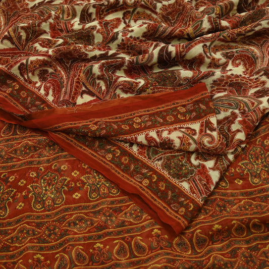 Indian Vintage Ivory & Rusty Saree Pure Georgette Silk Digital Printed Sari Sewing 5yd Craft Fabric Soft Floral Crafting Dress Making