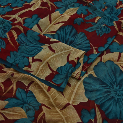 Women Vintage Sari Green & Maroon Pure Georgette Silk Printed Saree Craft Fabric Sewing 5Yard Soft Light Dress Making Floral