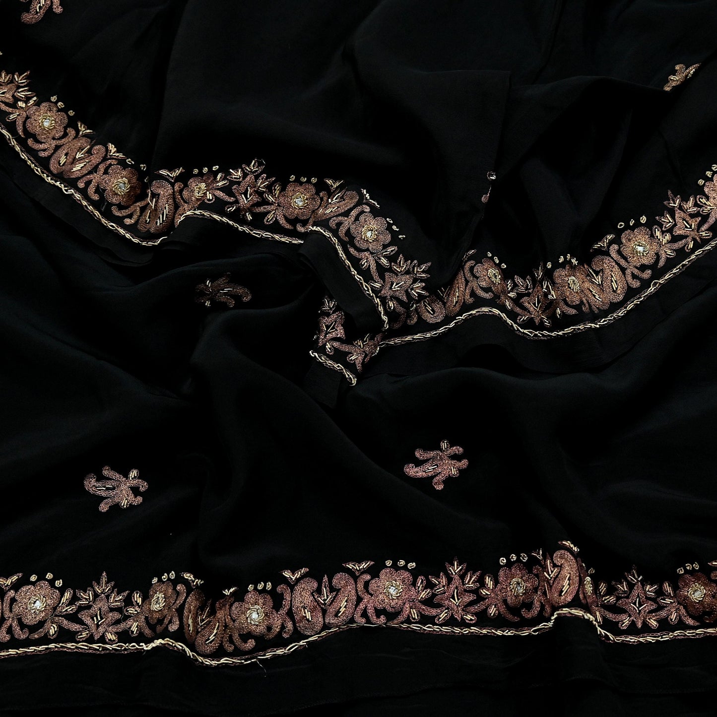 Indian Vintage Black Dupatta Long Stole Pure Crepe Silk Hand Embroidered Scarves Veil Scarf Wrap Hippie Boho Zardozi/ Dabka