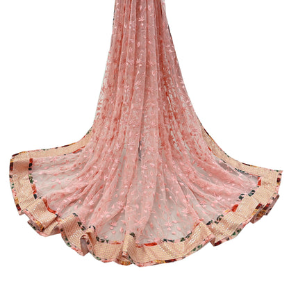 Indian Vintage Peach Dupatta Net Mesh Long Stole Hand Embroidered Scarves Veil Scarf Wrap Party wear