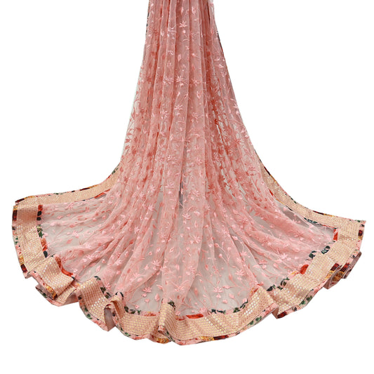 Indian Vintage Peach Dupatta Net Mesh Long Stole Hand Embroidered Scarves Veil Scarf Wrap Party wear