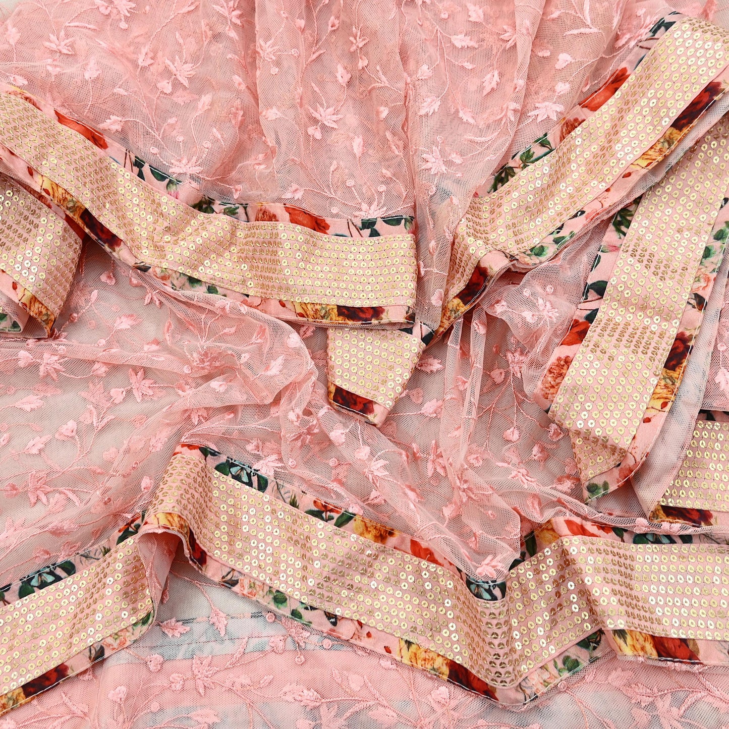 Indian Vintage Peach Dupatta Net Mesh Long Stole Hand Embroidered Scarves Veil Scarf Wrap Party wear