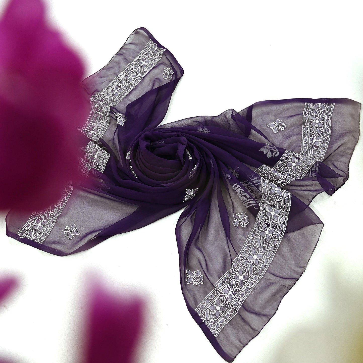 Indian Vintage Dupatta Purple Pure Georgette silk Long Stole Hand Embroidered Chikankari Stole Floral Scarf Scarves