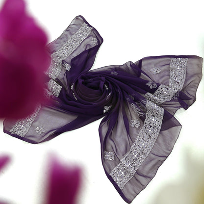 Indian Vintage Dupatta Purple Pure Georgette silk Long Stole Hand Embroidered Chikankari Stole Floral Scarf Scarves