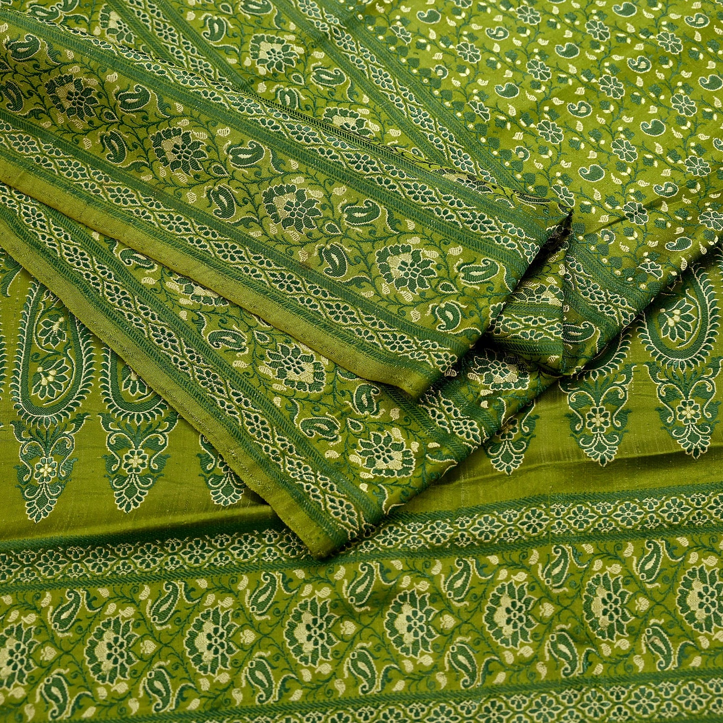 Indian Vintage Sari Green Heavy Pure Satin Silk Hand Woven Tanchoi Sarees Ethnic Wear 5Yd Paisley Craft Fabric Dress Making Crafting