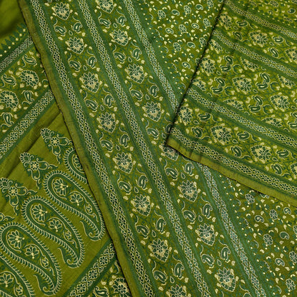 Indian Vintage Sari Green Heavy Pure Satin Silk Hand Woven Tanchoi Sarees Ethnic Wear 5Yd Paisley Craft Fabric Dress Making Crafting
