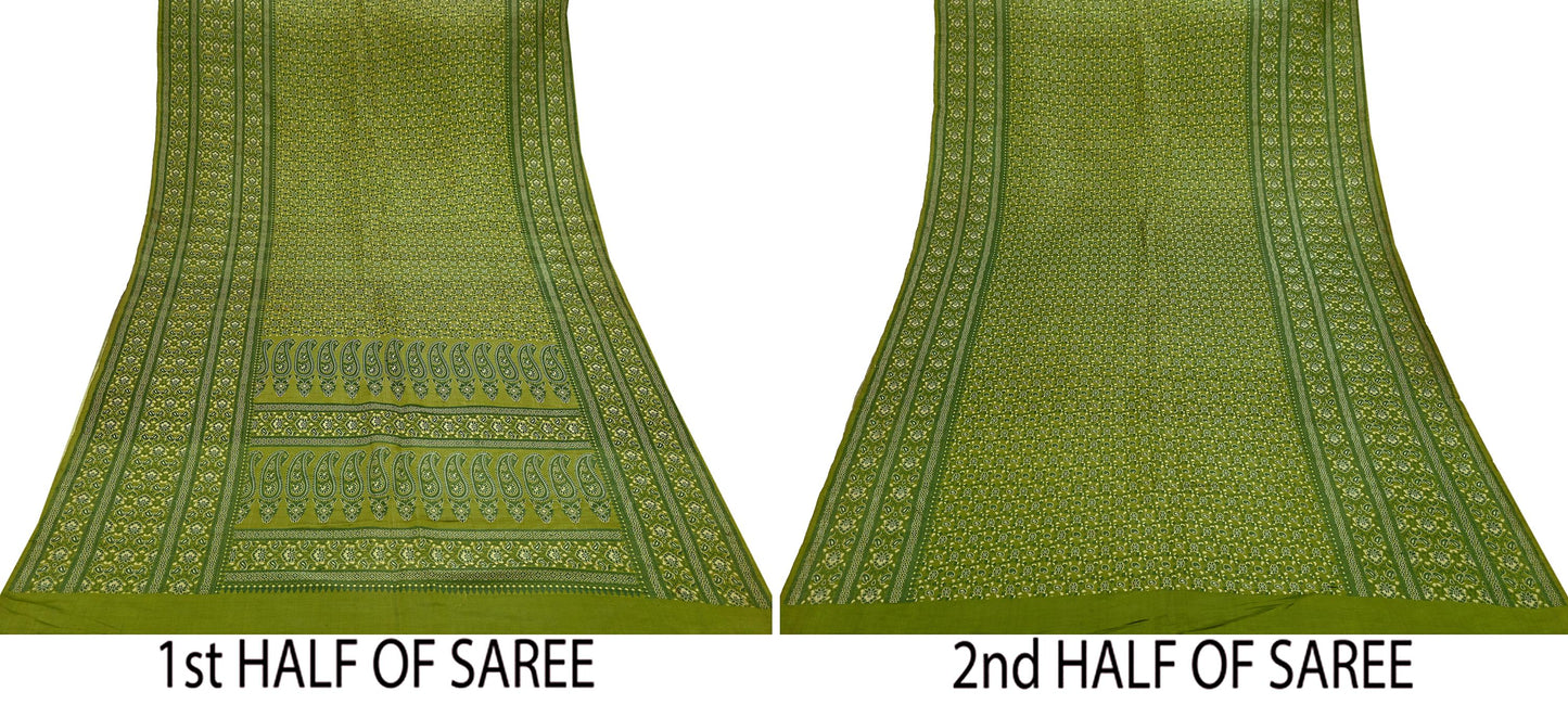 Indian Vintage Sari Green Heavy Pure Satin Silk Hand Woven Tanchoi Sarees Ethnic Wear 5Yd Paisley Craft Fabric Dress Making Crafting