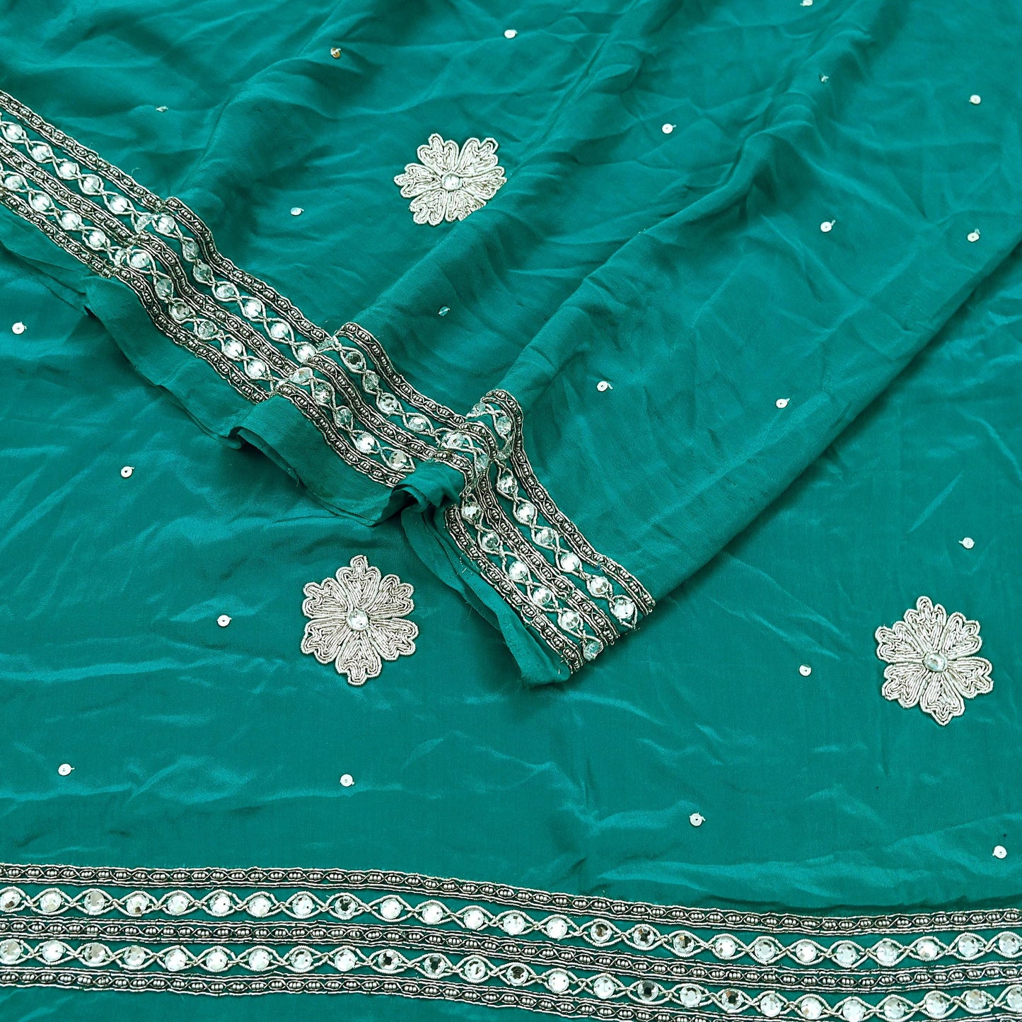 Indian Vintage Green Saree Pure Crepe Silk Hand Embroidered Sari Craft Fabric 5Yd Sewing Soft Zardozi/Dabka Dress making