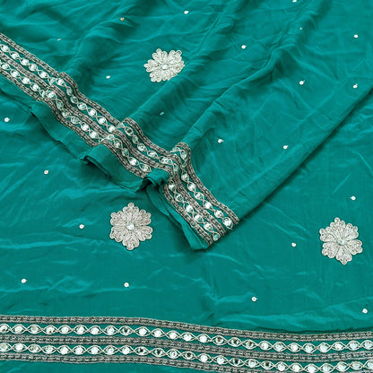 Indian Vintage Green Saree Pure Crepe Silk Hand Embroidered Sari Craft Fabric 5Yd Sewing Soft Zardozi/Dabka Dress making