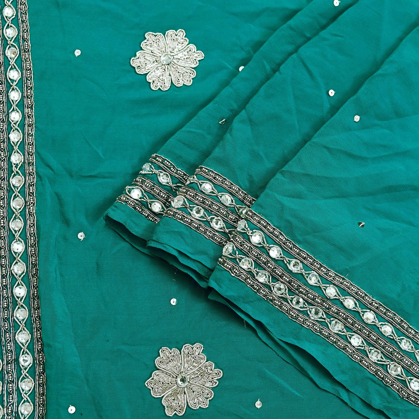 Indian Vintage Green Saree Pure Crepe Silk Hand Embroidered Sari Craft Fabric 5Yd Sewing Soft Zardozi/Dabka Dress making