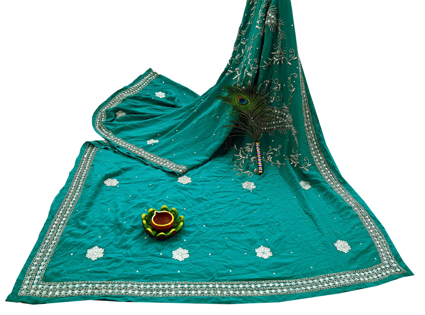 Indian Vintage Green Saree Pure Crepe Silk Hand Embroidered Sari Craft Fabric 5Yd Sewing Soft Zardozi/Dabka Dress making