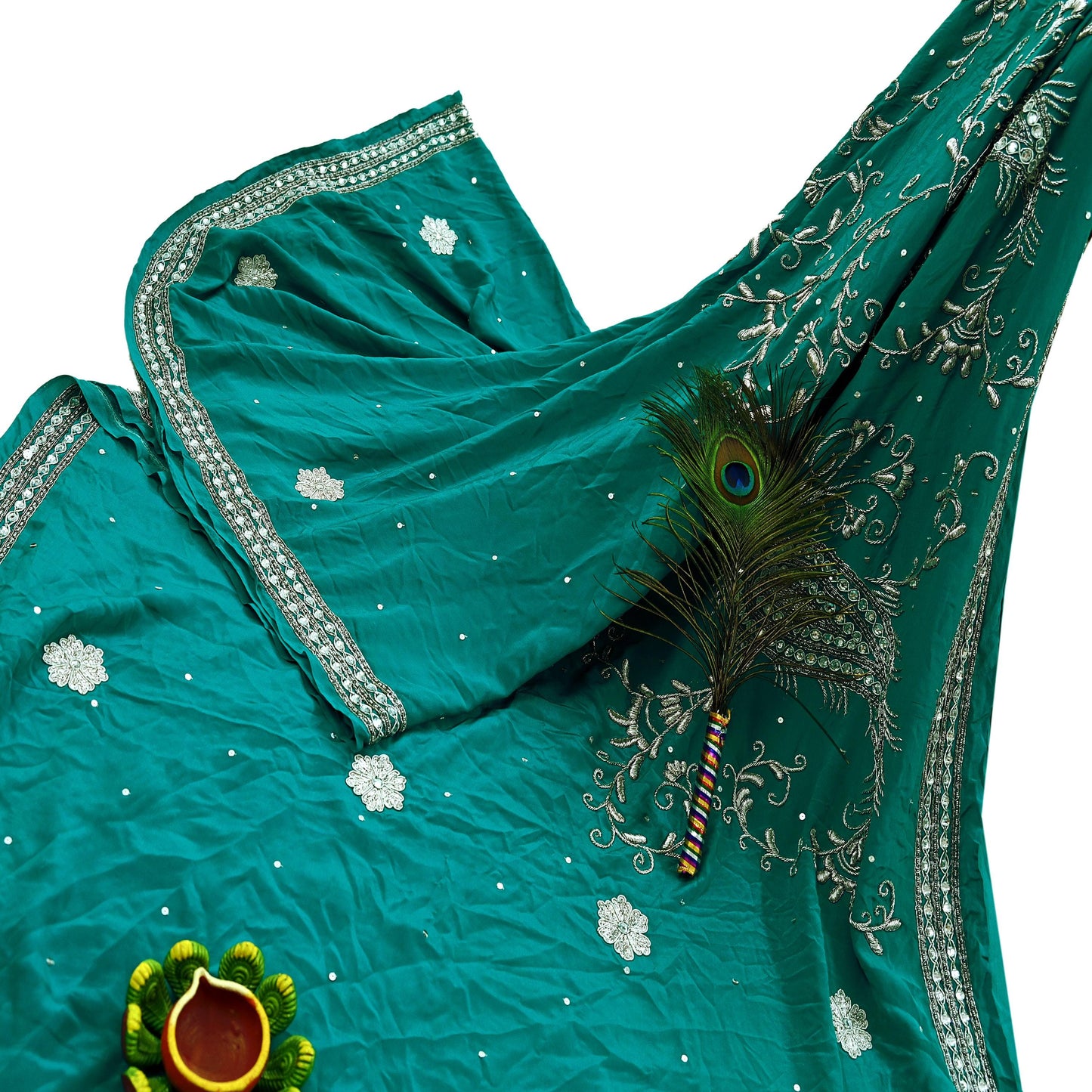 Indian Vintage Green Saree Pure Crepe Silk Hand Embroidered Sari Craft Fabric 5Yd Sewing Soft Zardozi/Dabka Dress making