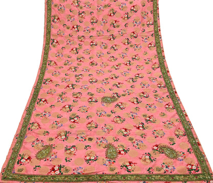 Indian Vintage Peach Sarees Hand Embroidered Woven Brocade Sari Fabric 6Yd Sewing Ethnic Zardozi Zari Floral Dress making