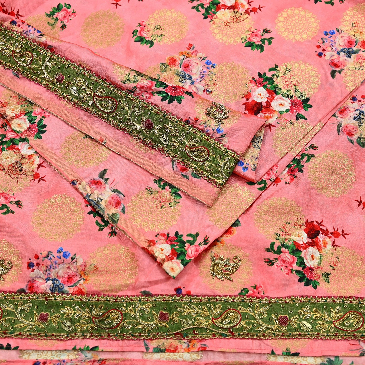 Indian Vintage Peach Sarees Hand Embroidered Woven Brocade Sari Fabric 6Yd Sewing Ethnic Zardozi Zari Floral Dress making