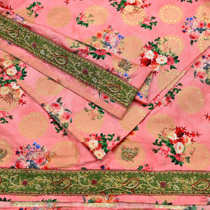 Indian Vintage Peach Sarees Hand Embroidered Woven Brocade Sari Fabric 6Yd Sewing Ethnic Zardozi Zari Floral Dress making