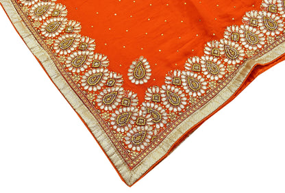 Indian Women Vintage Heavy Orange Dupatta Pure silk Long Stole Hand Embroidered Hijab Scarves Veil Wrap Zardozi Dabka Gota patti