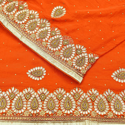 Indian Women Vintage Heavy Orange Dupatta Pure silk Long Stole Hand Embroidered Hijab Scarves Veil Wrap Zardozi Dabka Gota patti