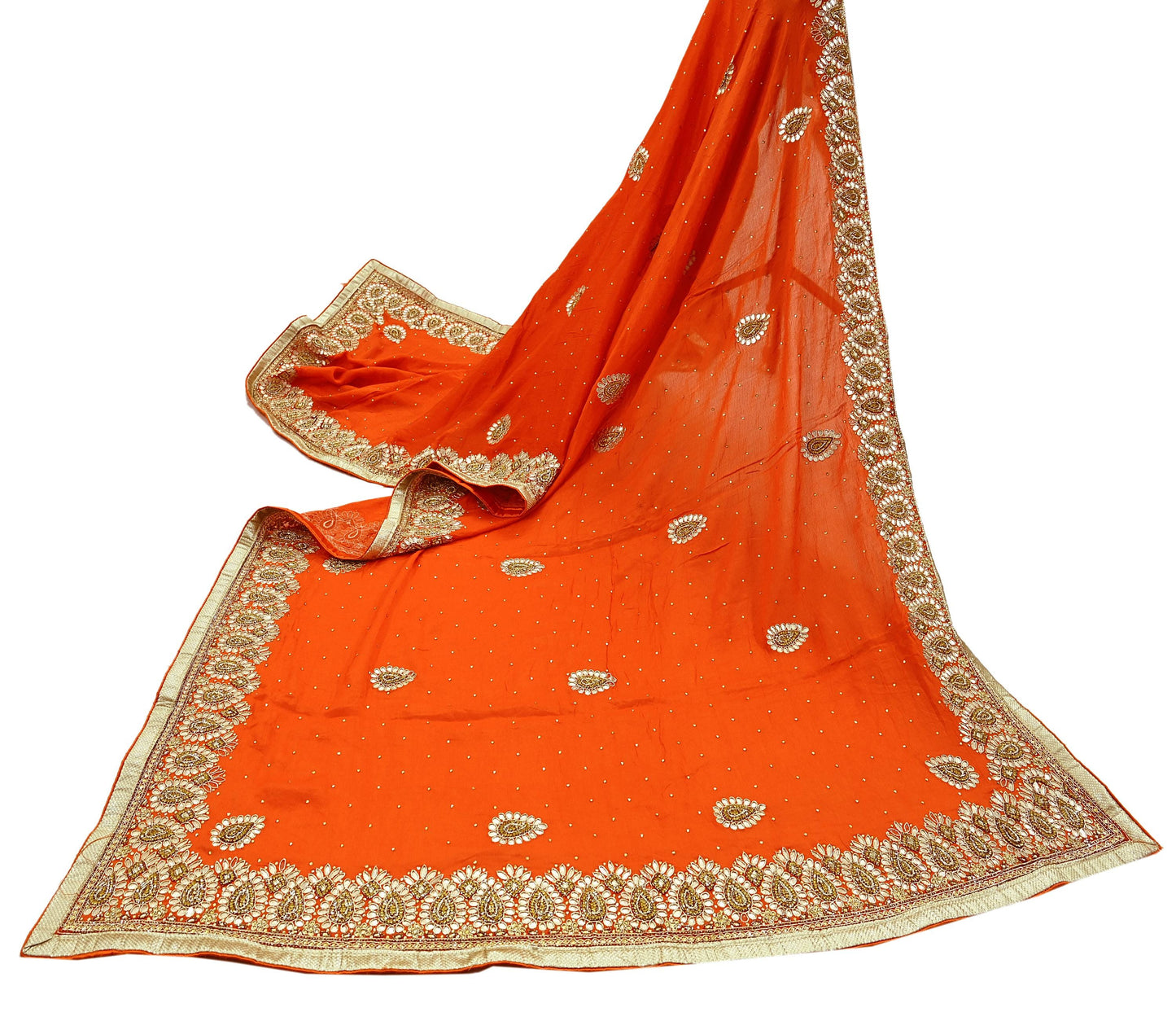 Indian Women Vintage Heavy Orange Dupatta Pure silk Long Stole Hand Embroidered Hijab Scarves Veil Wrap Zardozi Dabka Gota patti