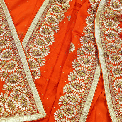 Indian Women Vintage Heavy Orange Dupatta Pure silk Long Stole Hand Embroidered Hijab Scarves Veil Wrap Zardozi Dabka Gota patti