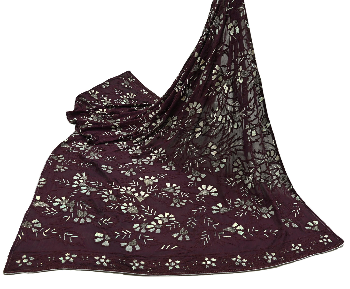 Indian Vintage Heavy Maroon Dupatta Pure Georgette silk Long Stole Hand Embroidered Chikankari Stole Scarf Scarves Veil