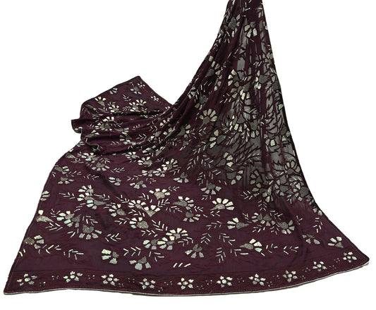 Indian Vintage Heavy Maroon Dupatta Pure Georgette silk Long Stole Hand Embroidered Chikankari Stole Scarf Scarves Veil