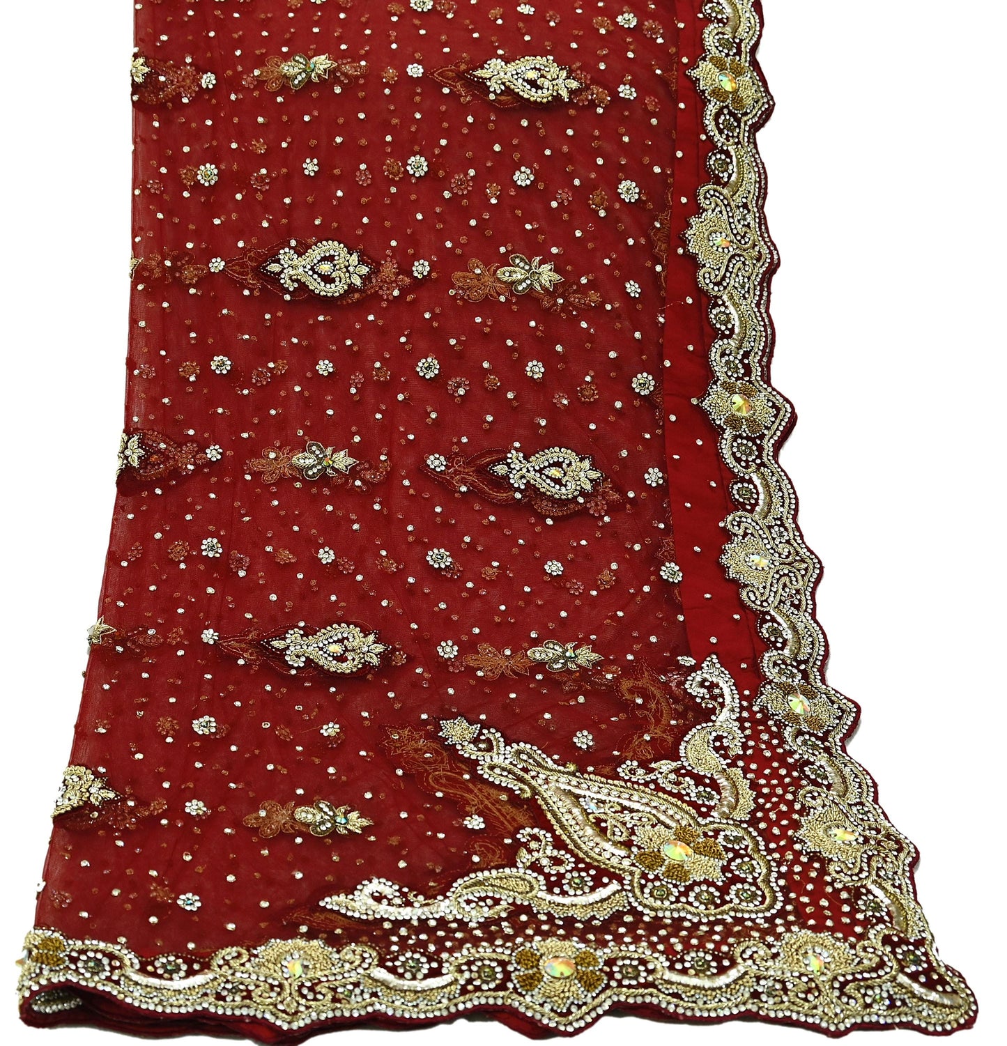 Indian Vintage Heavy Maroon Dupatta Net Mesh Long Stole Hand Embroidered Scarves Golden Zardozi Dabka Zari Stole