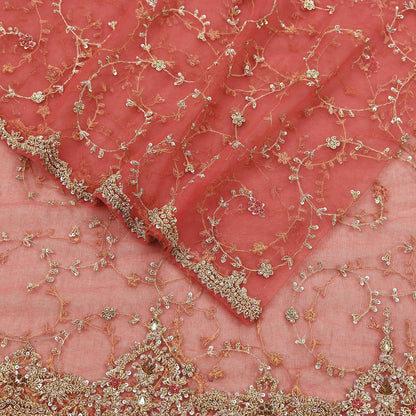 Indian Vintage Heavy Pink Dupatta Net Mesh Long Stole Hand Embroidered Scarves Golden Zardozi Dabka Zari Sequins