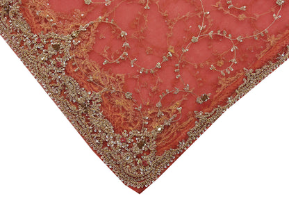 Indian Vintage Heavy Pink Dupatta Net Mesh Long Stole Hand Embroidered Scarves Golden Zardozi Dabka Zari Sequins