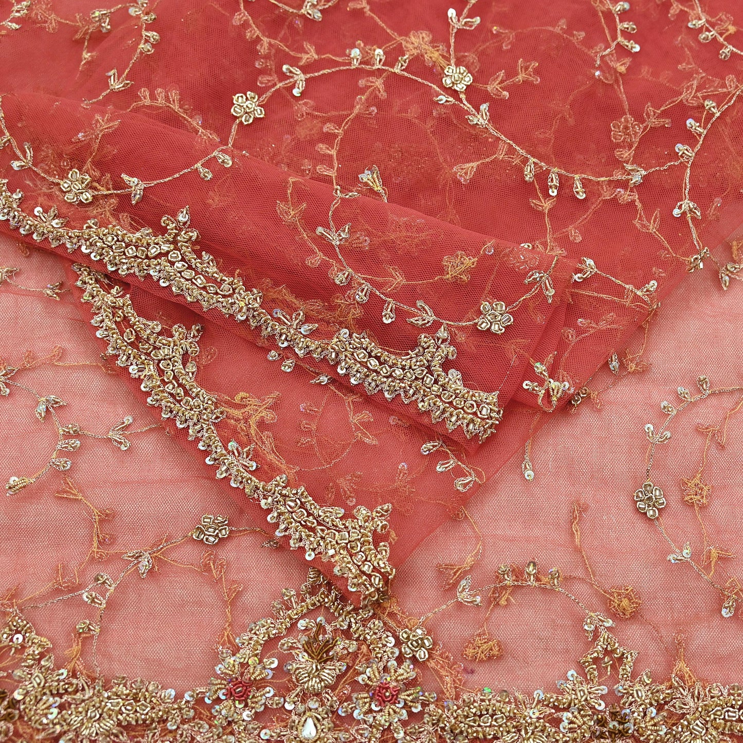 Indian Vintage Heavy Pink Dupatta Net Mesh Long Stole Hand Embroidered Scarves Golden Zardozi Dabka Zari Sequins