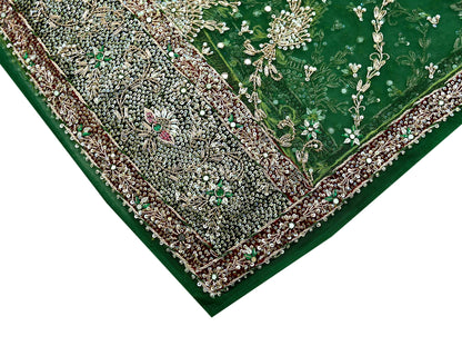 Indian Vintage Heavy Bridal Dupatta Green Net Mesh Long Stole Hand Embroidered Scarf Zardozi Zari Sequins Wedding/Party wear hijab veil
