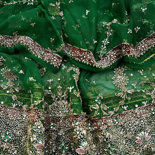 Indian Vintage Heavy Bridal Dupatta Green Net Mesh Long Stole Hand Embroidered Scarf Zardozi Zari Sequins Wedding/Party wear hijab veil