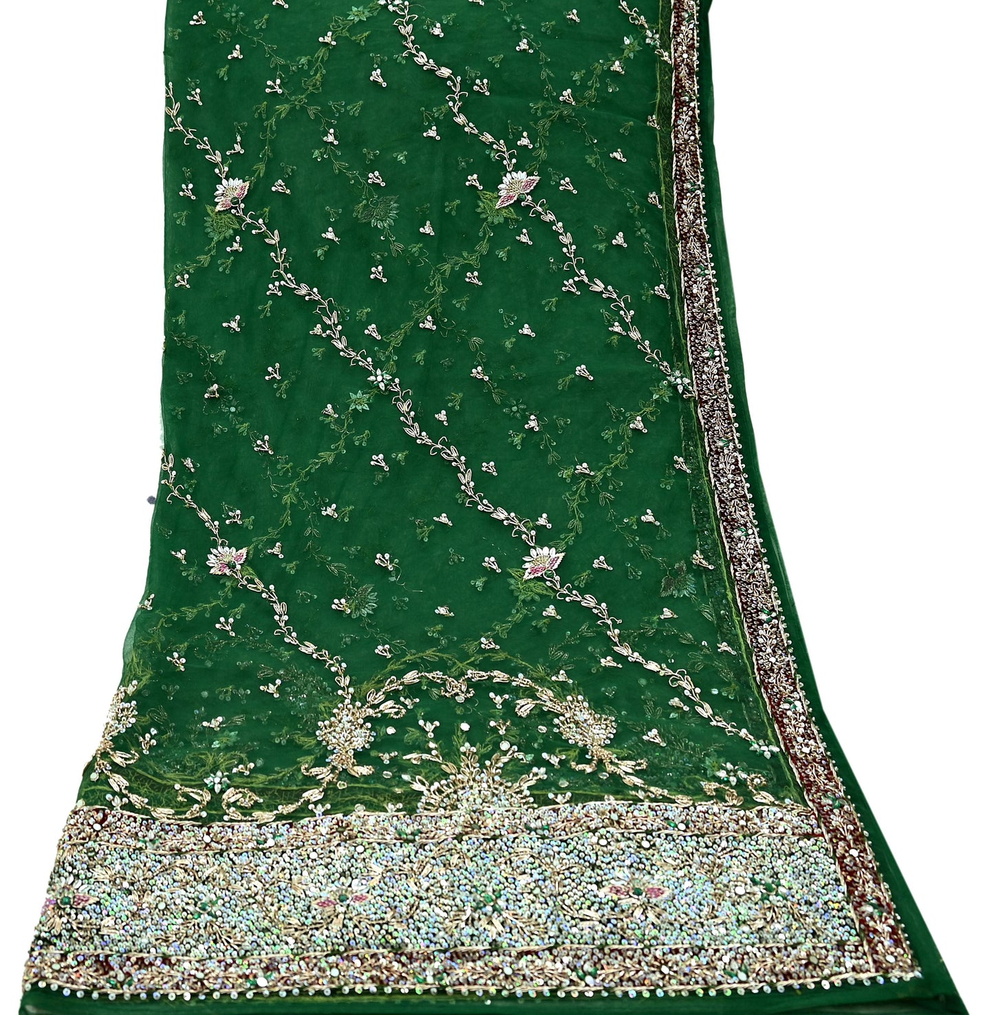 Indian Vintage Heavy Bridal Dupatta Green Net Mesh Long Stole Hand Embroidered Scarf Zardozi Zari Sequins Wedding/Party wear hijab veil
