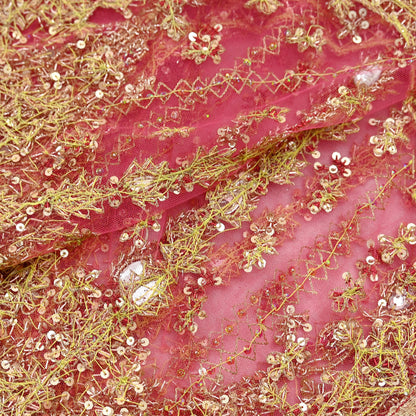 Indian Vintage Heavy Pink Dupatta Net Mesh Long Stole Hand Embroidered Scarves Golden Zardozi Dabka Zari Sequins Wedding Dupatta Party Wear