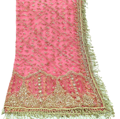 Indian Vintage Heavy Pink Dupatta Net Mesh Long Stole Hand Embroidered Scarves Golden Zardozi Dabka Zari Sequins Wedding Dupatta Party Wear