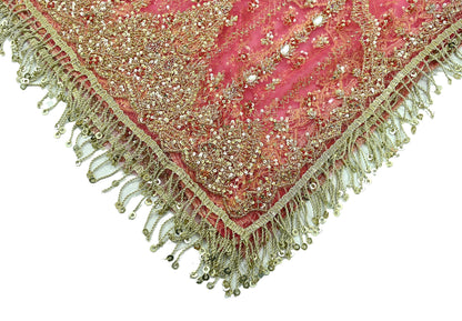 Indian Vintage Heavy Pink Dupatta Net Mesh Long Stole Hand Embroidered Scarves Golden Zardozi Dabka Zari Sequins Wedding Dupatta Party Wear