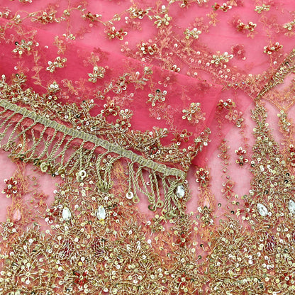 Indian Vintage Heavy Pink Dupatta Net Mesh Long Stole Hand Embroidered Scarves Golden Zardozi Dabka Zari Sequins Wedding Dupatta Party Wear