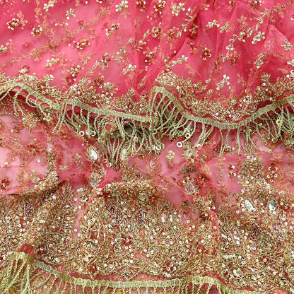 Indian Vintage Heavy Pink Dupatta Net Mesh Long Stole Hand Embroidered Scarves Golden Zardozi Dabka Zari Sequins Wedding Dupatta Party Wear