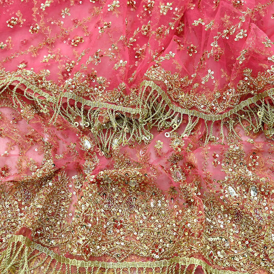 Indian Vintage Heavy Pink Dupatta Net Mesh Long Stole Hand Embroidered Scarves Golden Zardozi Dabka Zari Sequins Wedding Dupatta Party Wear
