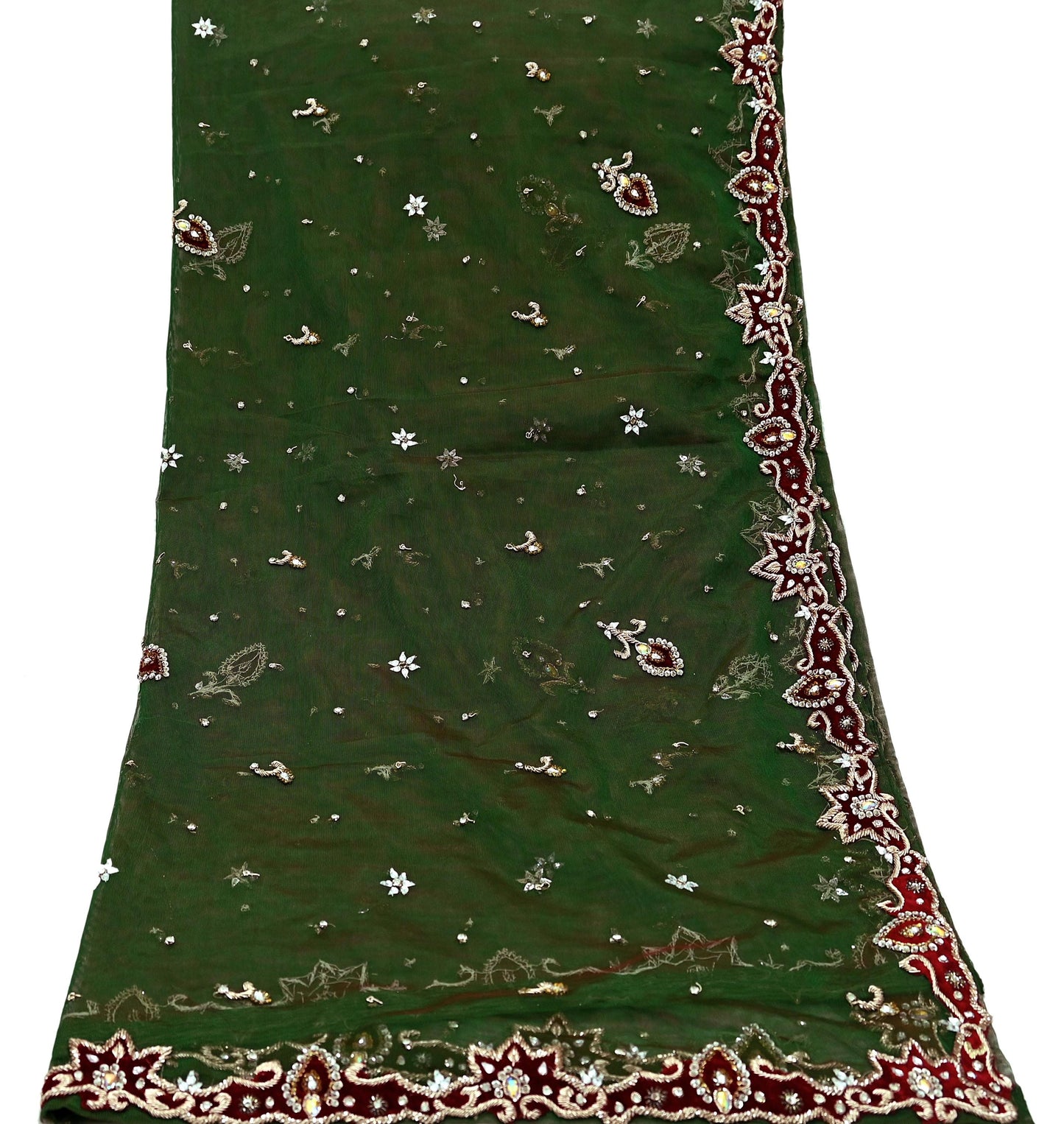 Indian Vintage Heavy Bridal Dupatta Green Net Mesh Long Stole Hand Embroidered Scarf Zardozi Zari Sequins Wedding/Party wear hijab veil
