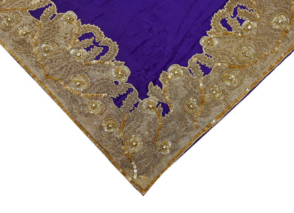Indian Vintage Heavy Wedding Purple Dupatta Pure Satin Silk Long Stole Hand Embroidered Scarves Golden Zardozi Veil