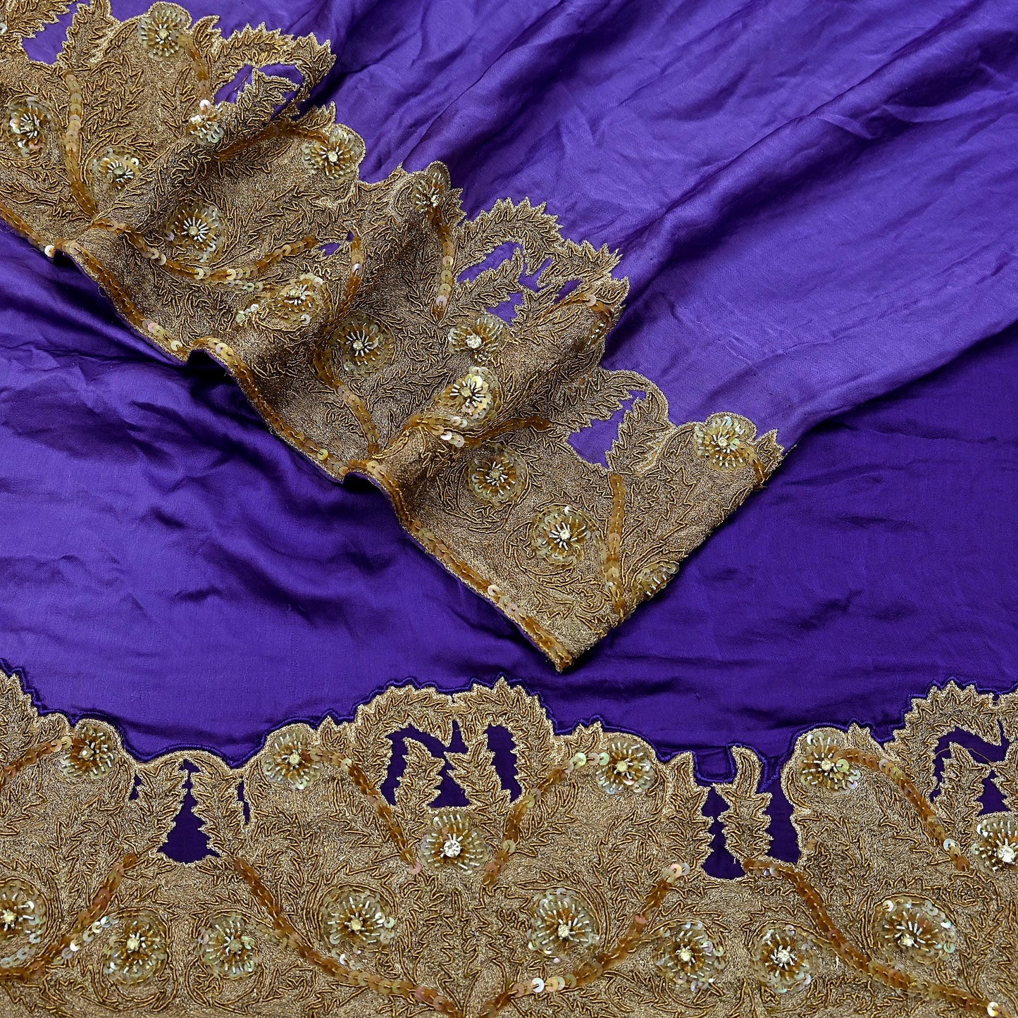Indian Vintage Heavy Wedding Purple Dupatta Pure Satin Silk Long Stole Hand Embroidered Scarves Golden Zardozi Veil