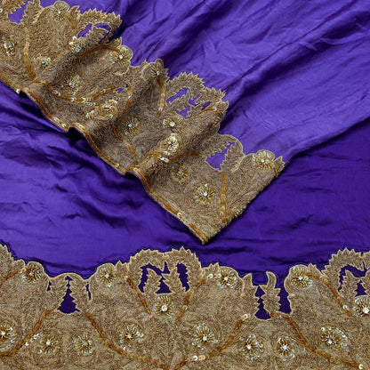 Indian Vintage Heavy Wedding Purple Dupatta Pure Satin Silk Long Stole Hand Embroidered Scarves Golden Zardozi Veil