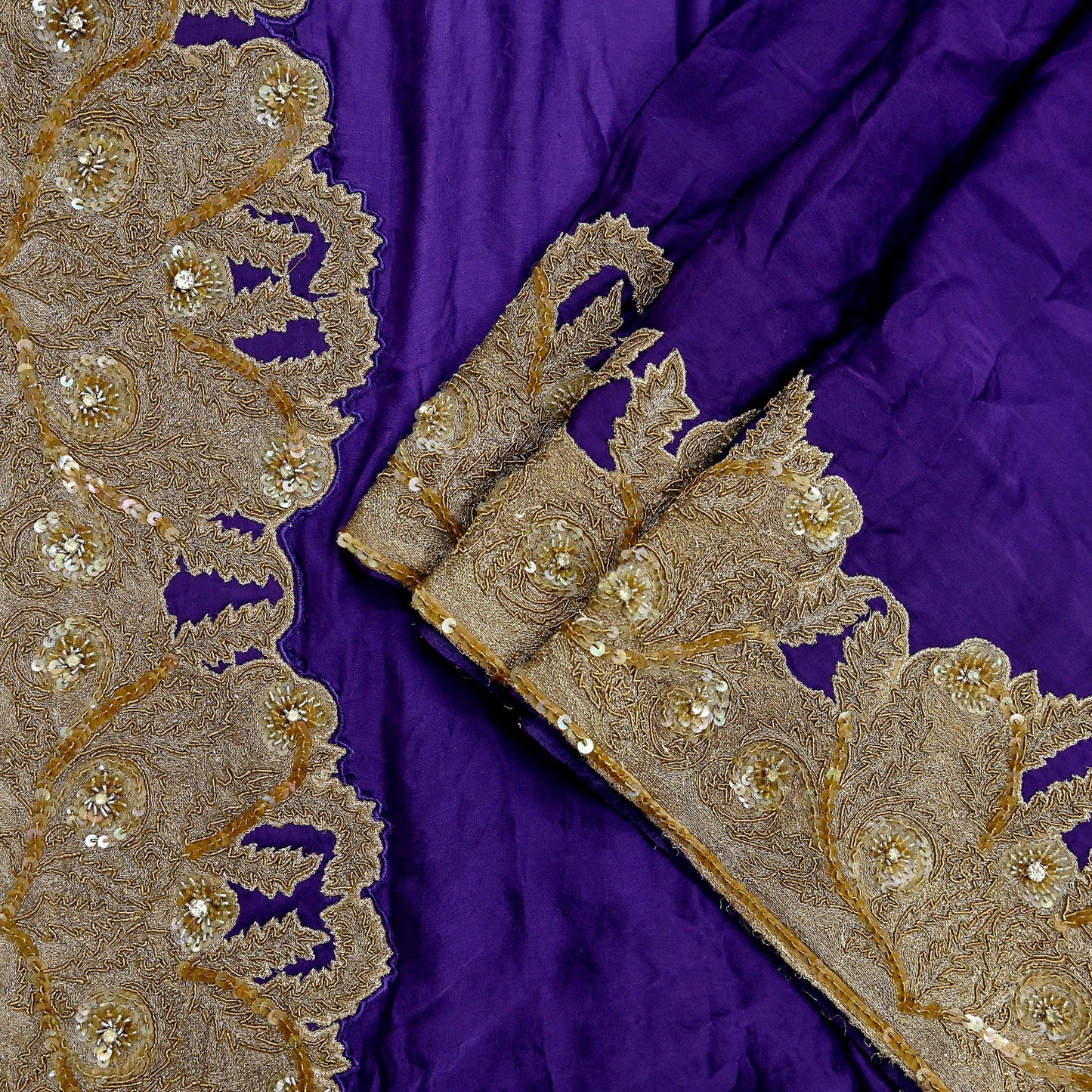 Indian Vintage Heavy Wedding Purple Dupatta Pure Satin Silk Long Stole Hand Embroidered Scarves Golden Zardozi Veil